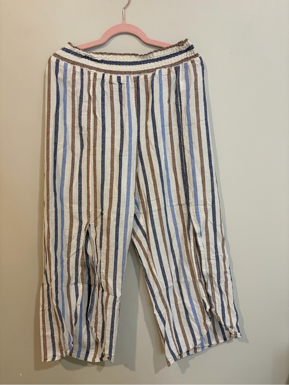 Striped Boot Cut Linen Blend Pants - Blue & Brown